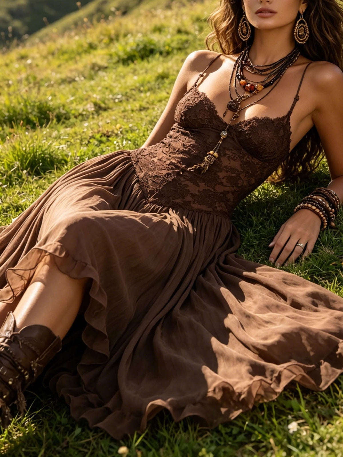 Federica | Vestido Maxi de Gasa y Encaje Marrón