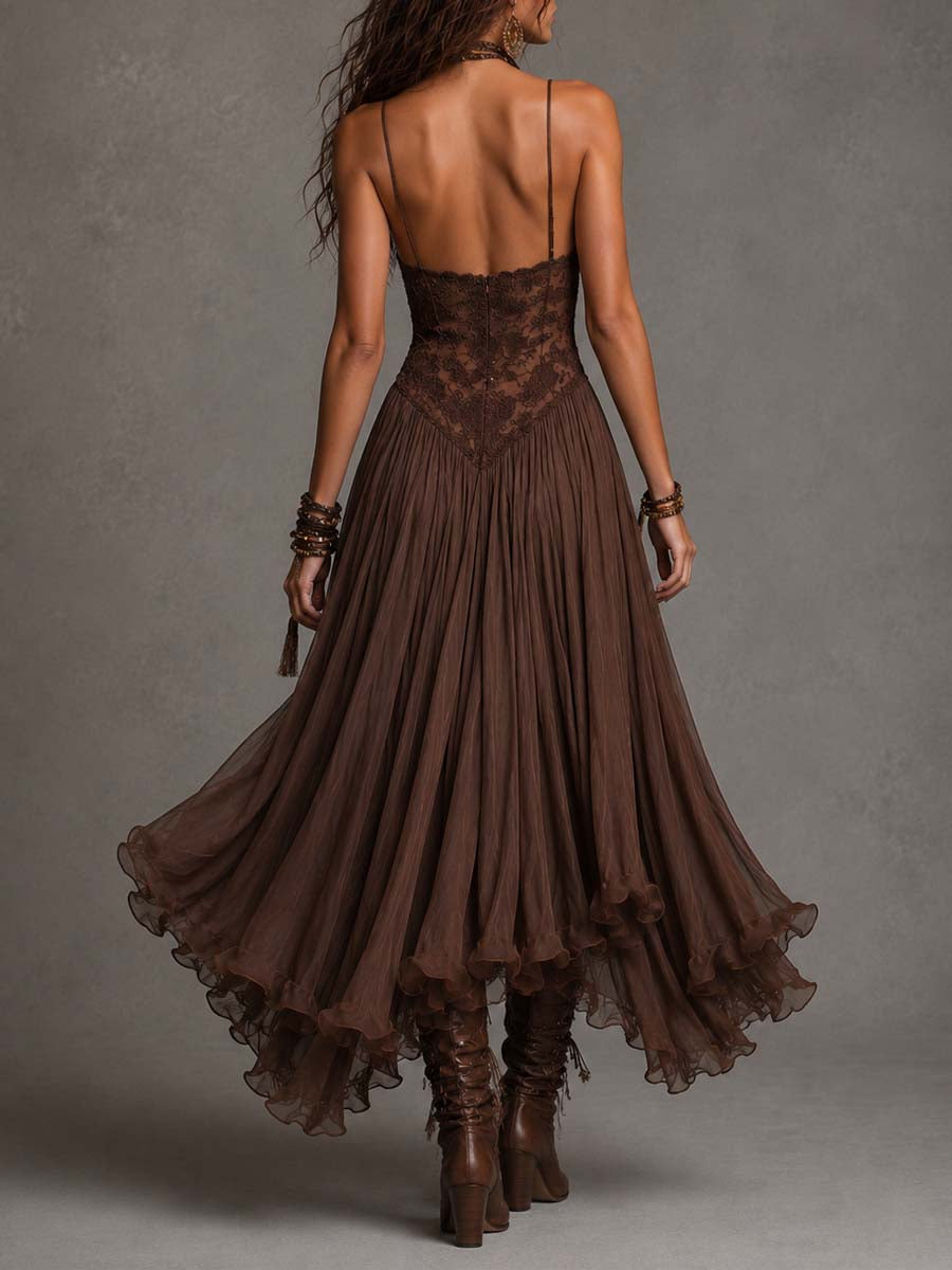 Federica | Vestido Maxi de Gasa y Encaje Marrón