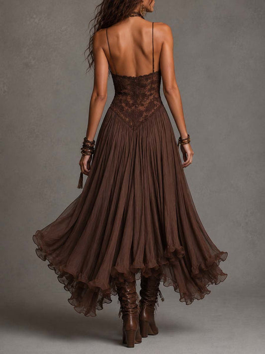 Federica | Vestido Maxi de Gasa y Encaje Marrón