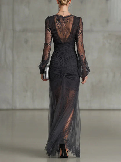 Ainhoa | Vestido Maxi Encaje Gris Oscuro Manga Larga