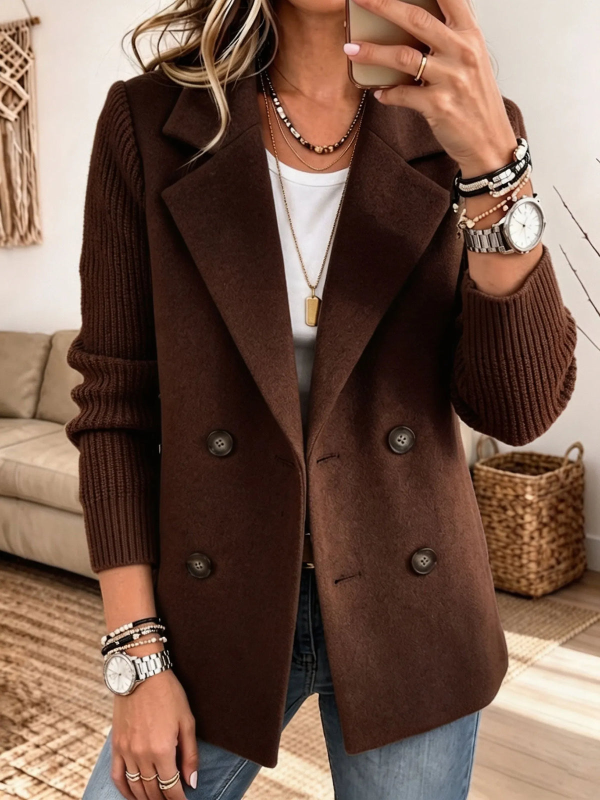 Alba - Blazer de paño con mangas de punto canalé - Marrón