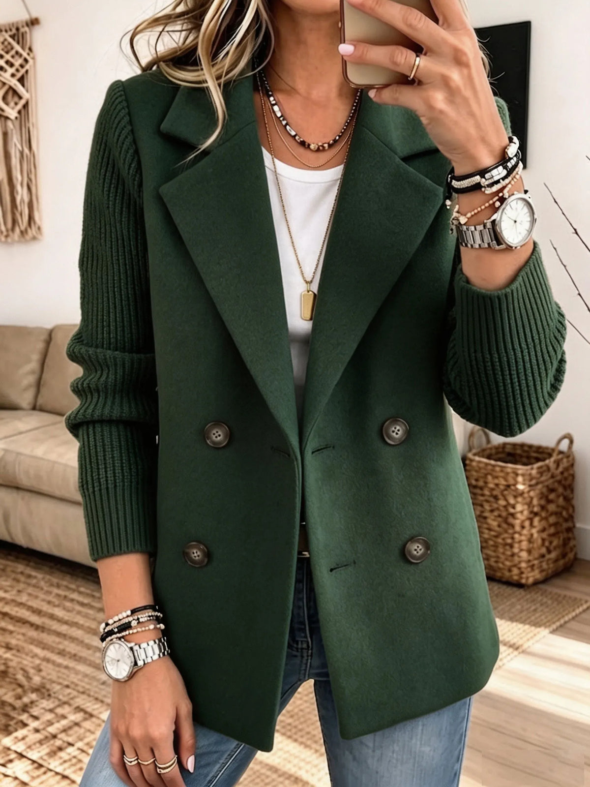 Alba - Blazer de paño con mangas de punto canalé - Verde