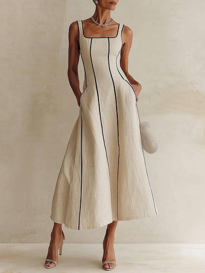 Noa | Vestido Maxi A-Line de Rayas en Lino, Ribete Negro