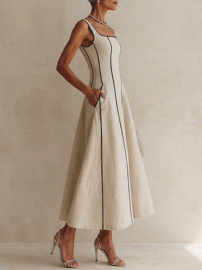 Noa | Vestido Maxi A-Line de Rayas en Lino, Ribete Negro