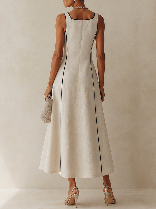 Noa | Vestido Maxi A-Line de Rayas en Lino, Ribete Negro