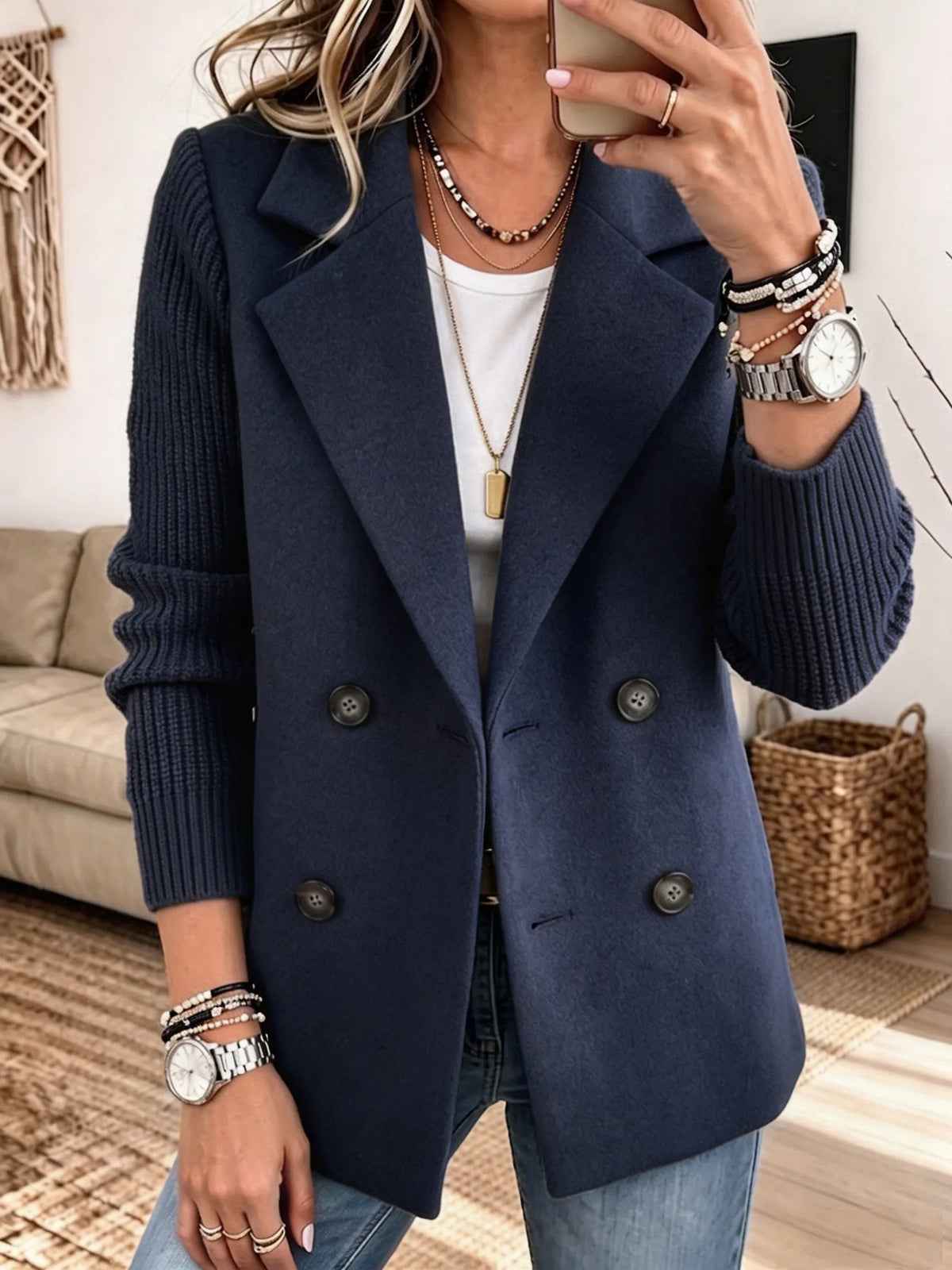Alba - Blazer de paño con mangas de punto canalé - Azul marino