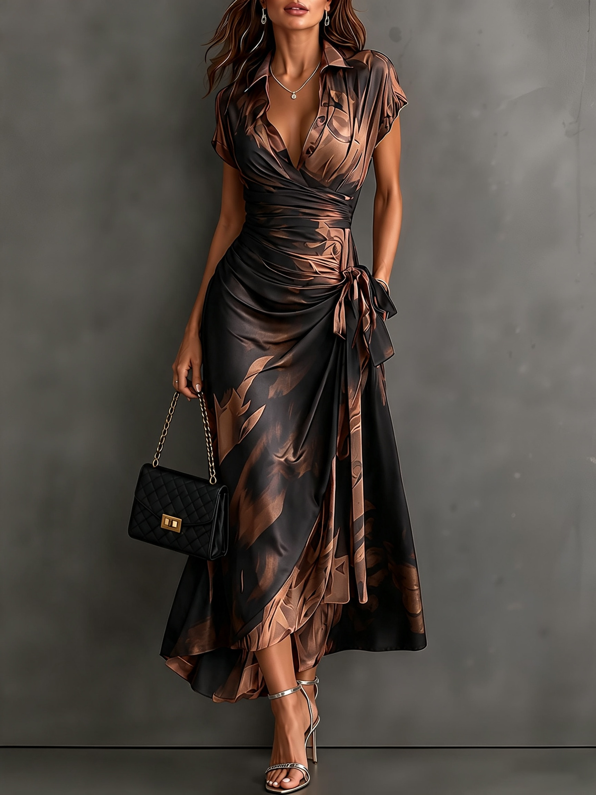 Ela - vestido midi cruzado, color marrón