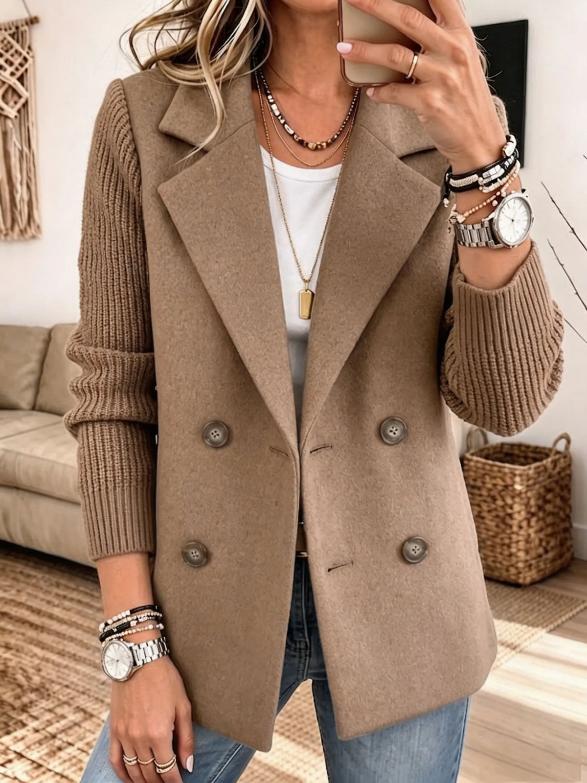 Alba - Blazer de paño con mangas de punto canalé - Caqui