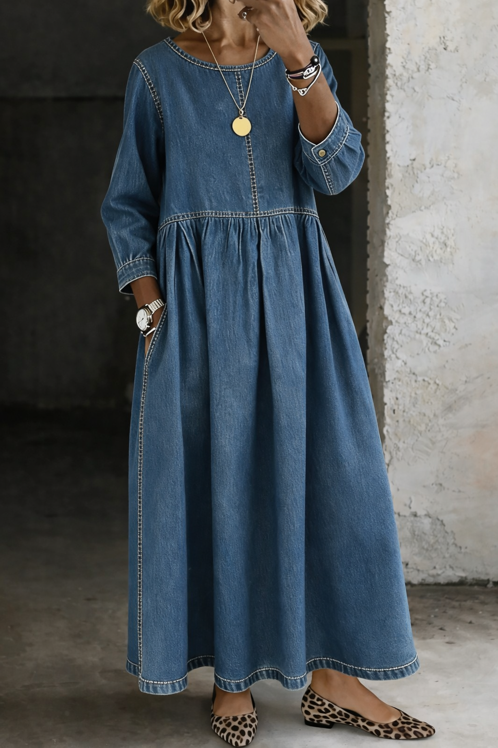 Fina - Vestido midi denim vintage - Azul