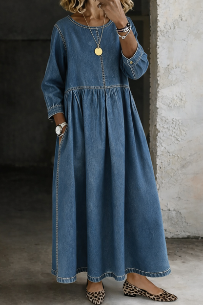 Fina - Vestido midi denim vintage - Azul