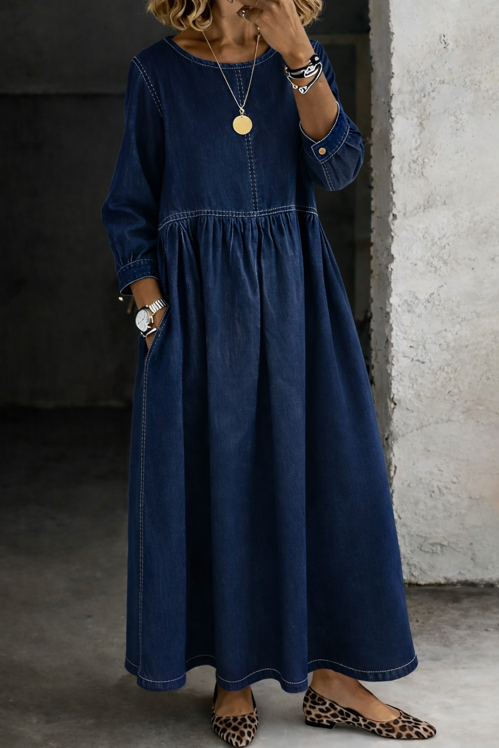Fina - Vestido midi denim vintage - Azul oscuro