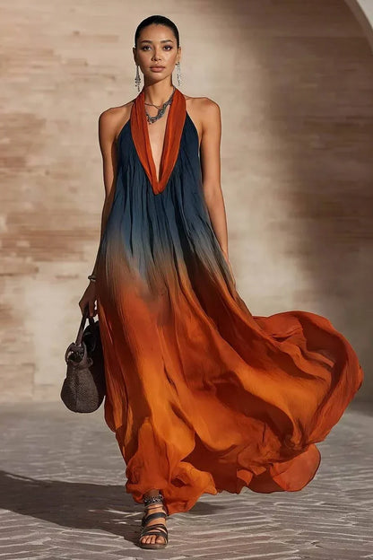 Lucía | Vestido Maxi de Gasa Degradado Azul y Óxido