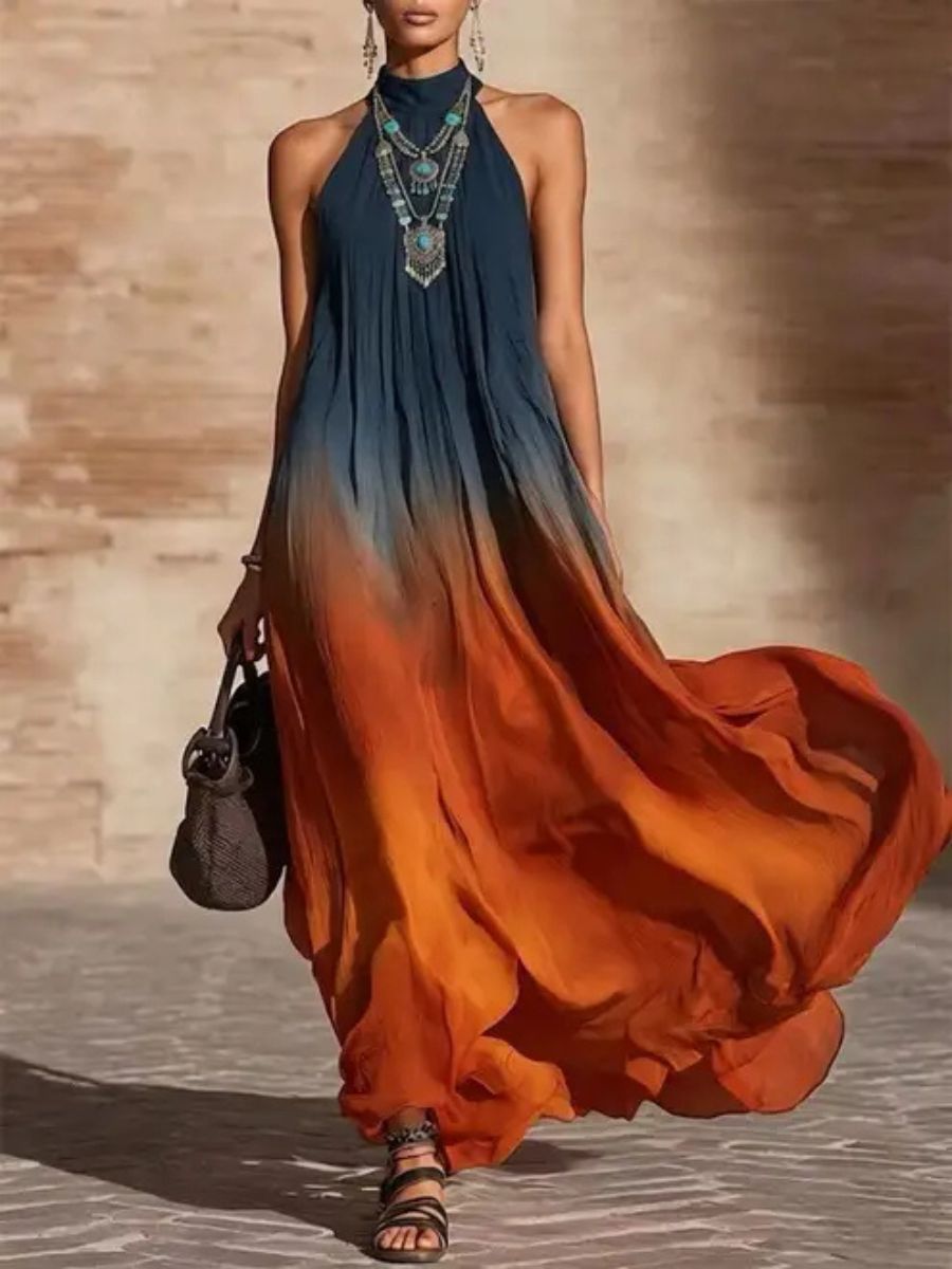Lucía | Vestido Maxi de Gasa Degradado Azul y Óxido