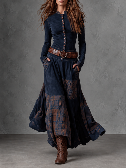 Teresa | Vestido maxi de ante con patchwork de cuadros y cinturón
