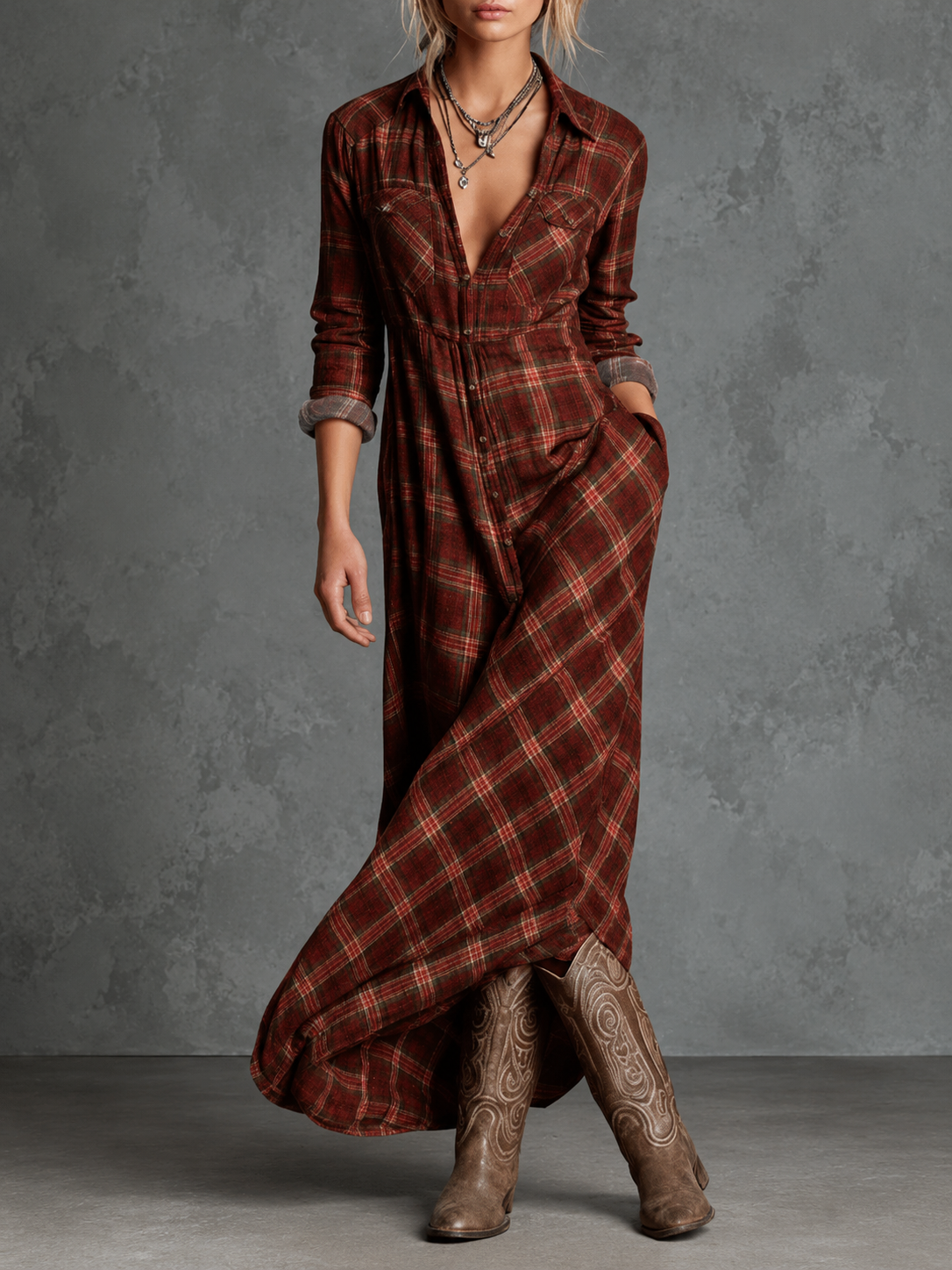 Candela | Vestido camisero largo de cuadros con cuello