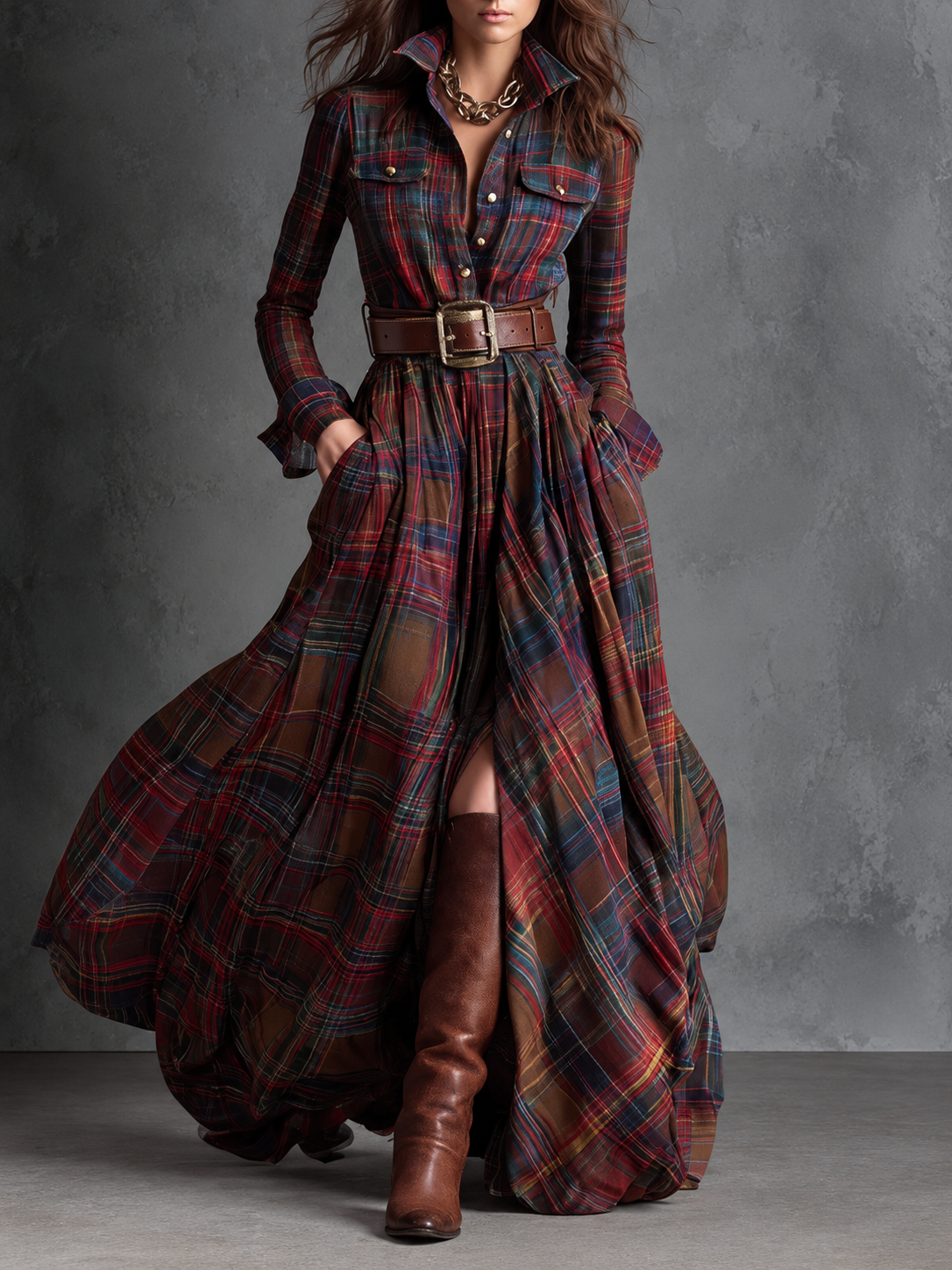 Alma | Vestido maxi de cuadros con cinturón