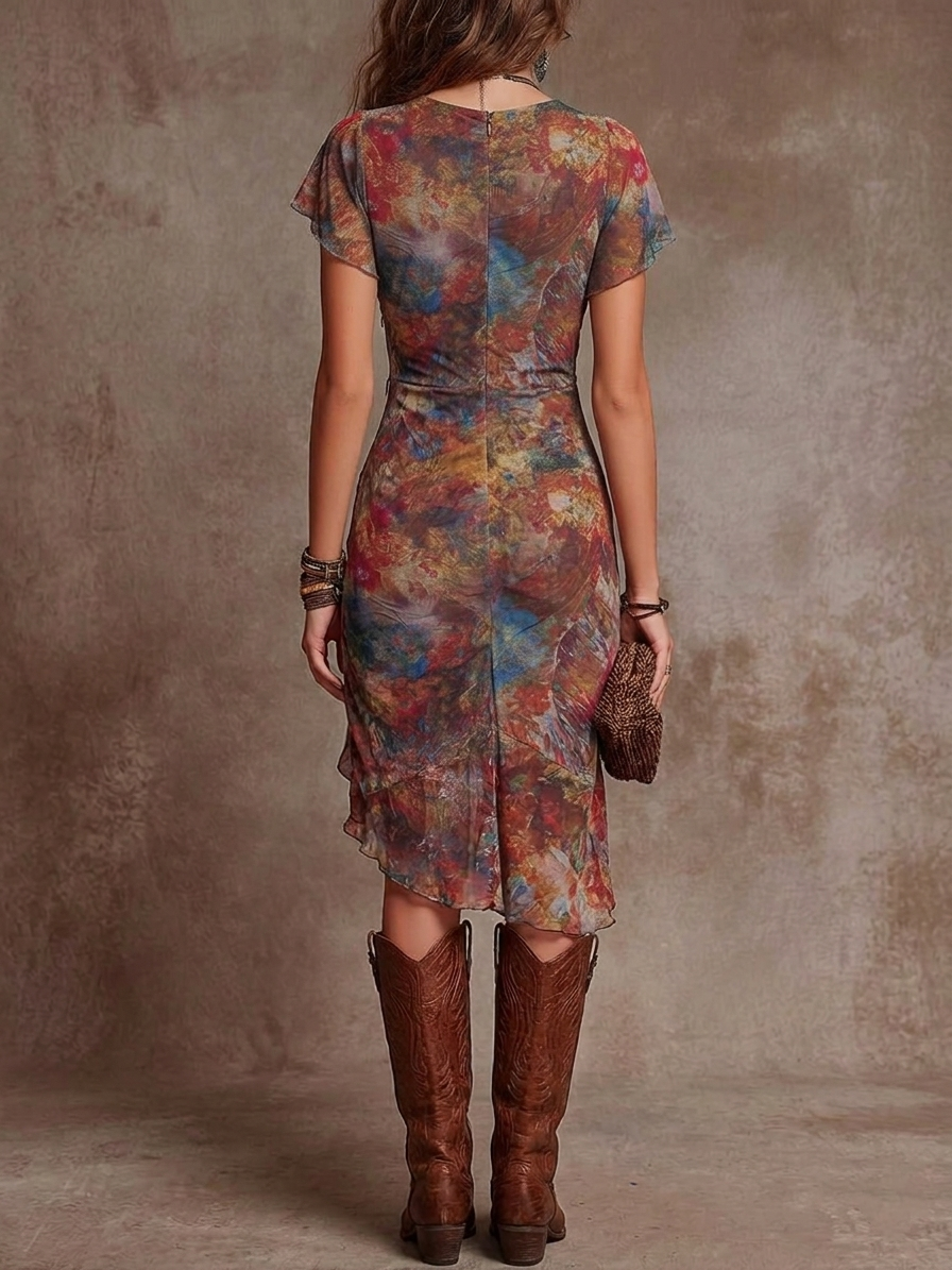 Fátima | Vestido Midi Plisado Estampado Abstracto