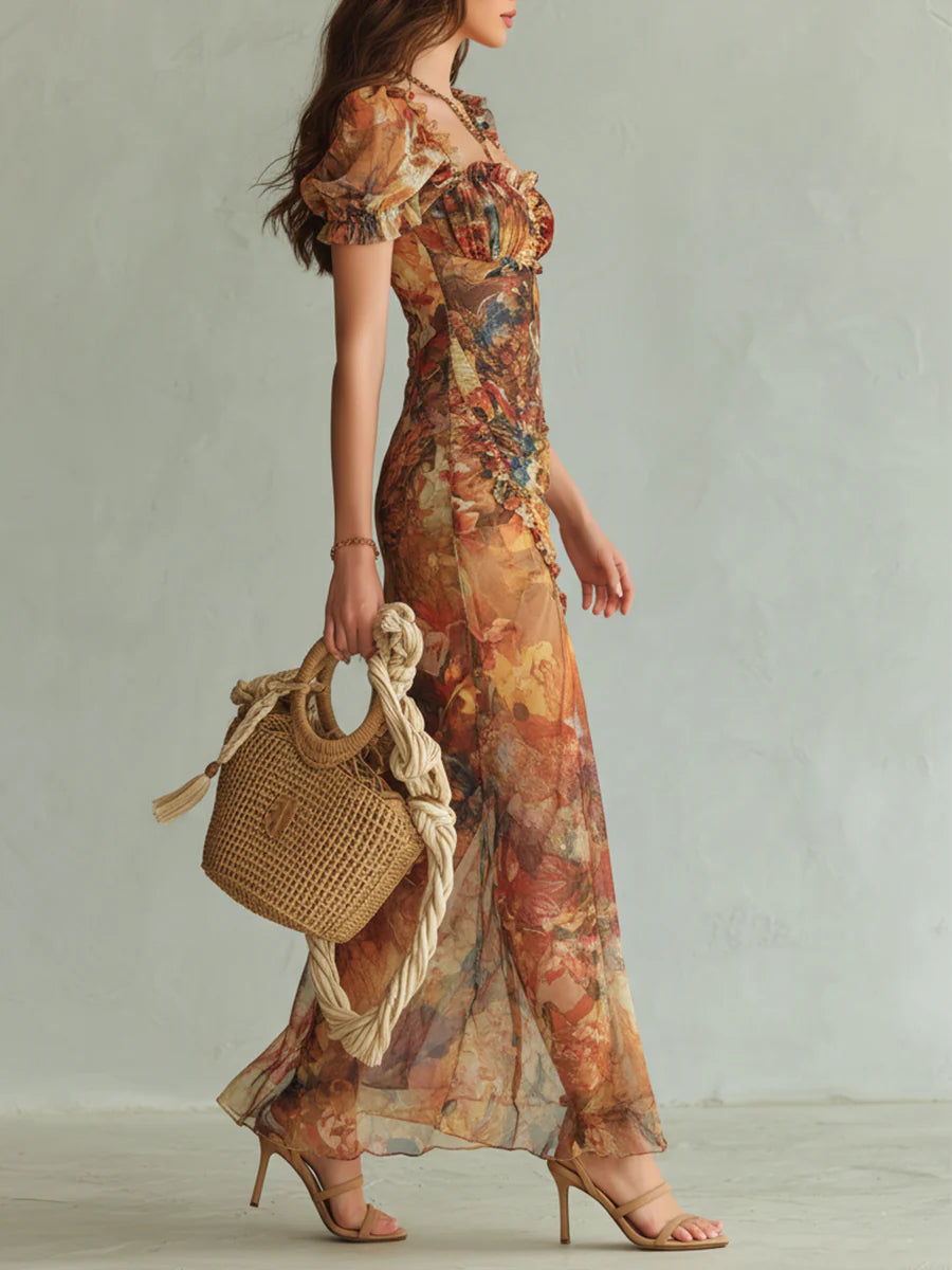 Clara | Vestido Maxi Naranja Estampado Boho