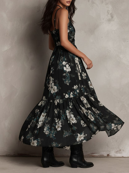 Rocío | Vestido Maxi Negro Floral Sin Tirantes