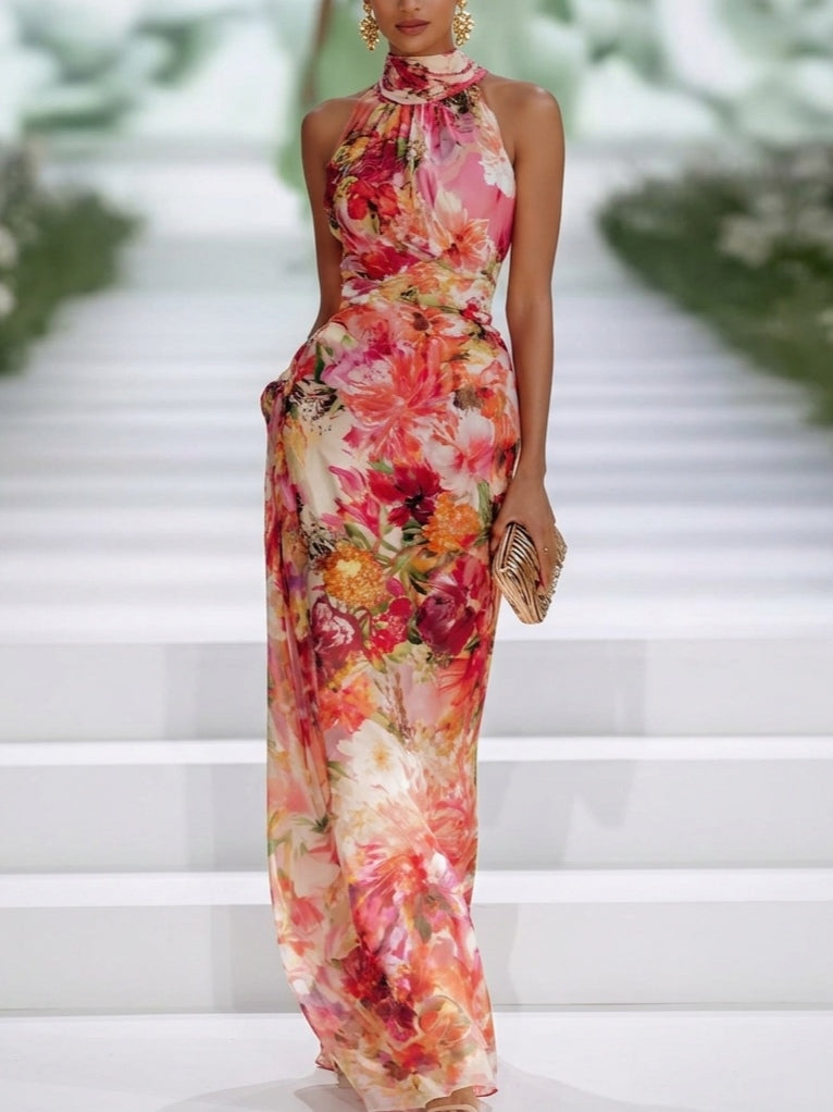 Celia | Vestido Maxi Rojo Halter Floral