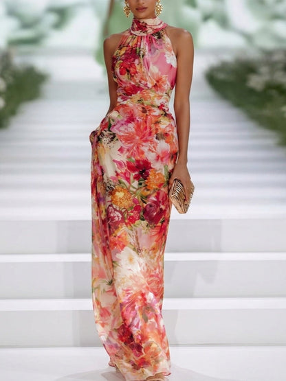 Celia | Vestido Maxi Rojo Halter Floral