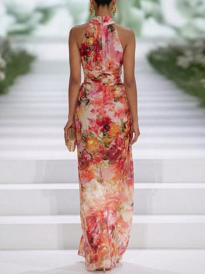 Celia | Vestido Maxi Rojo Halter Floral