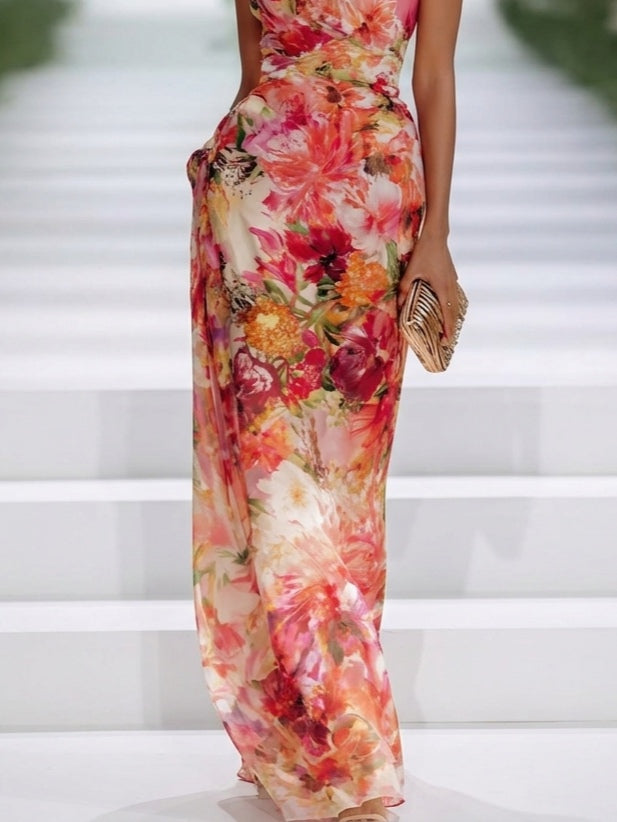 Celia | Vestido Maxi Rojo Halter Floral