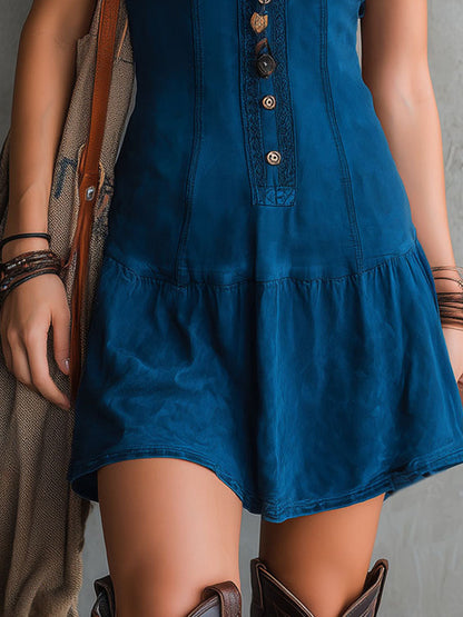 Gala | Vestido Mini Índigo Boho con Botones