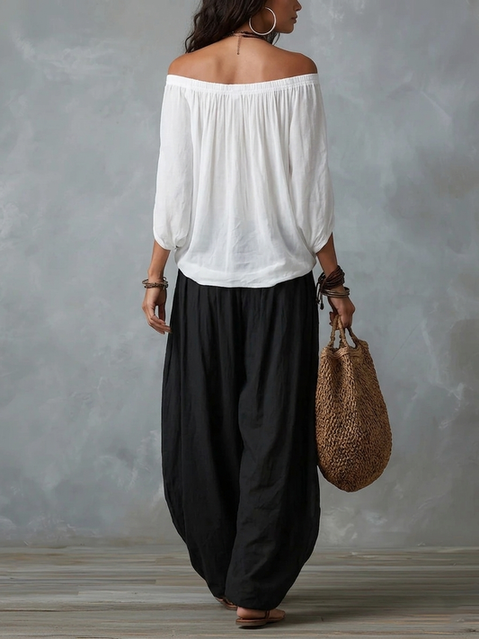 Margarita | Conjunto Top Blanco Hombros Descubiertos y Pantalón