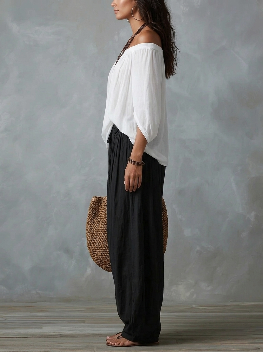 Margarita | Conjunto Top Blanco Hombros Descubiertos y Pantalón
