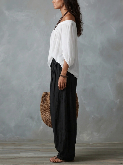 Margarita | Conjunto Top Blanco Hombros Descubiertos y Pantalón