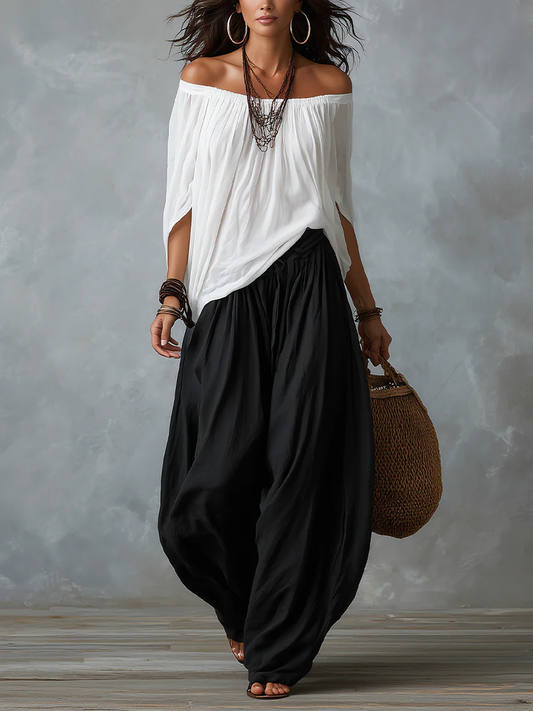 Margarita | Conjunto Top Blanco Hombros Descubiertos y Pantalón