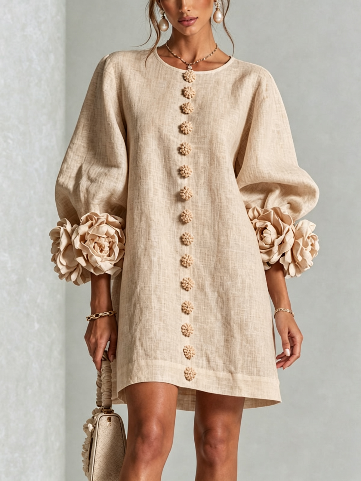 Élodie Vestido Floral Abotonado - Beige