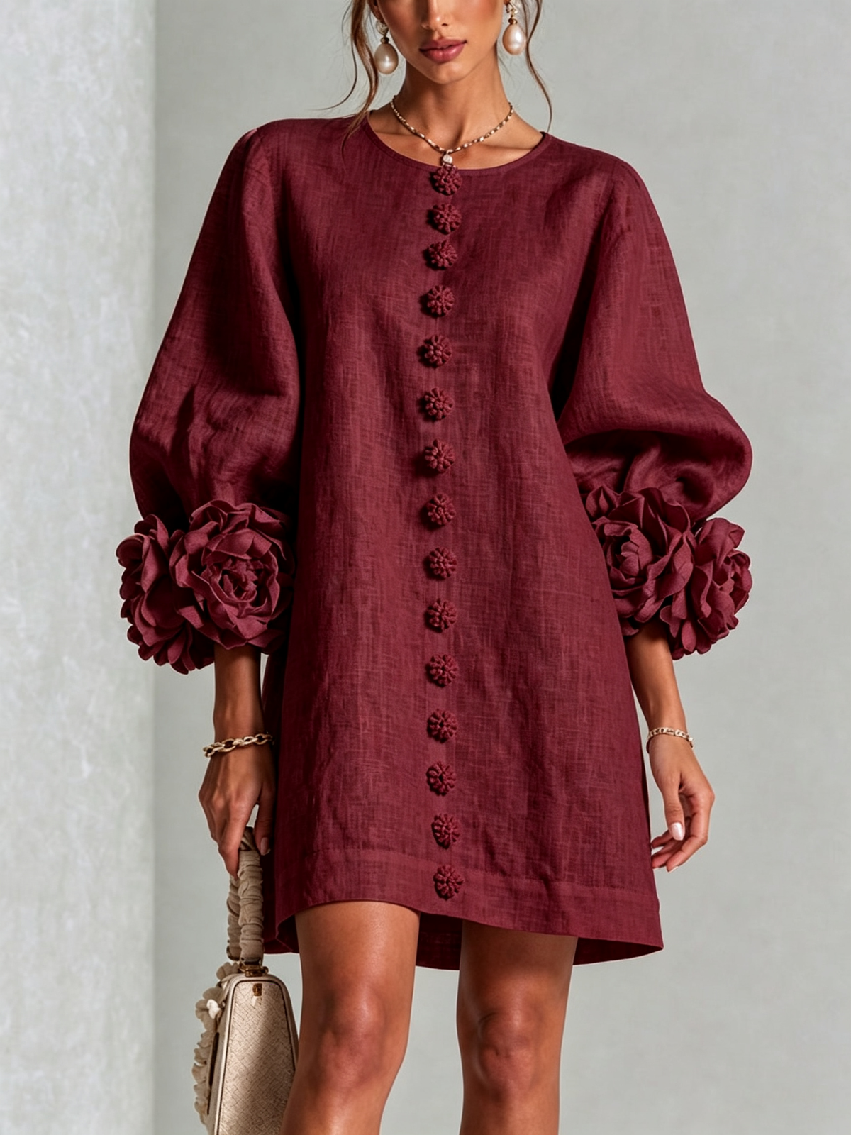 Élodie Vestido Floral Abotonado - Burdeos