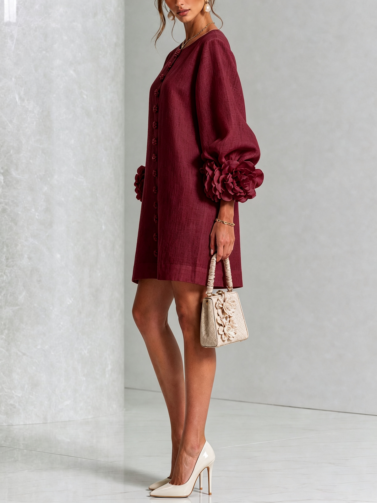 Élodie Vestido Floral Abotonado - Burdeos