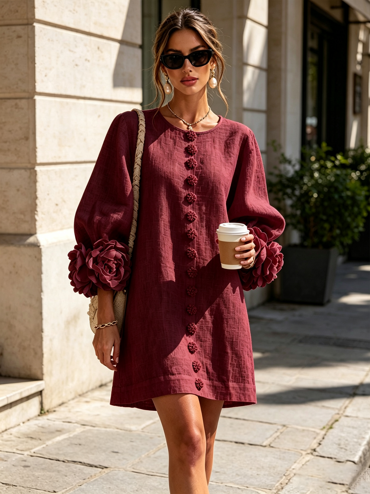 Élodie Vestido Floral Abotonado - Burdeos