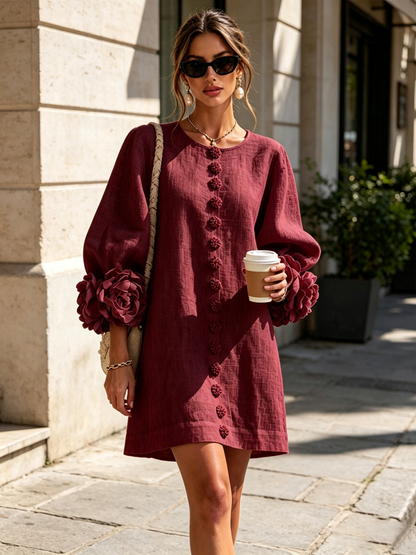 Élodie Vestido Floral Abotonado - Burdeos