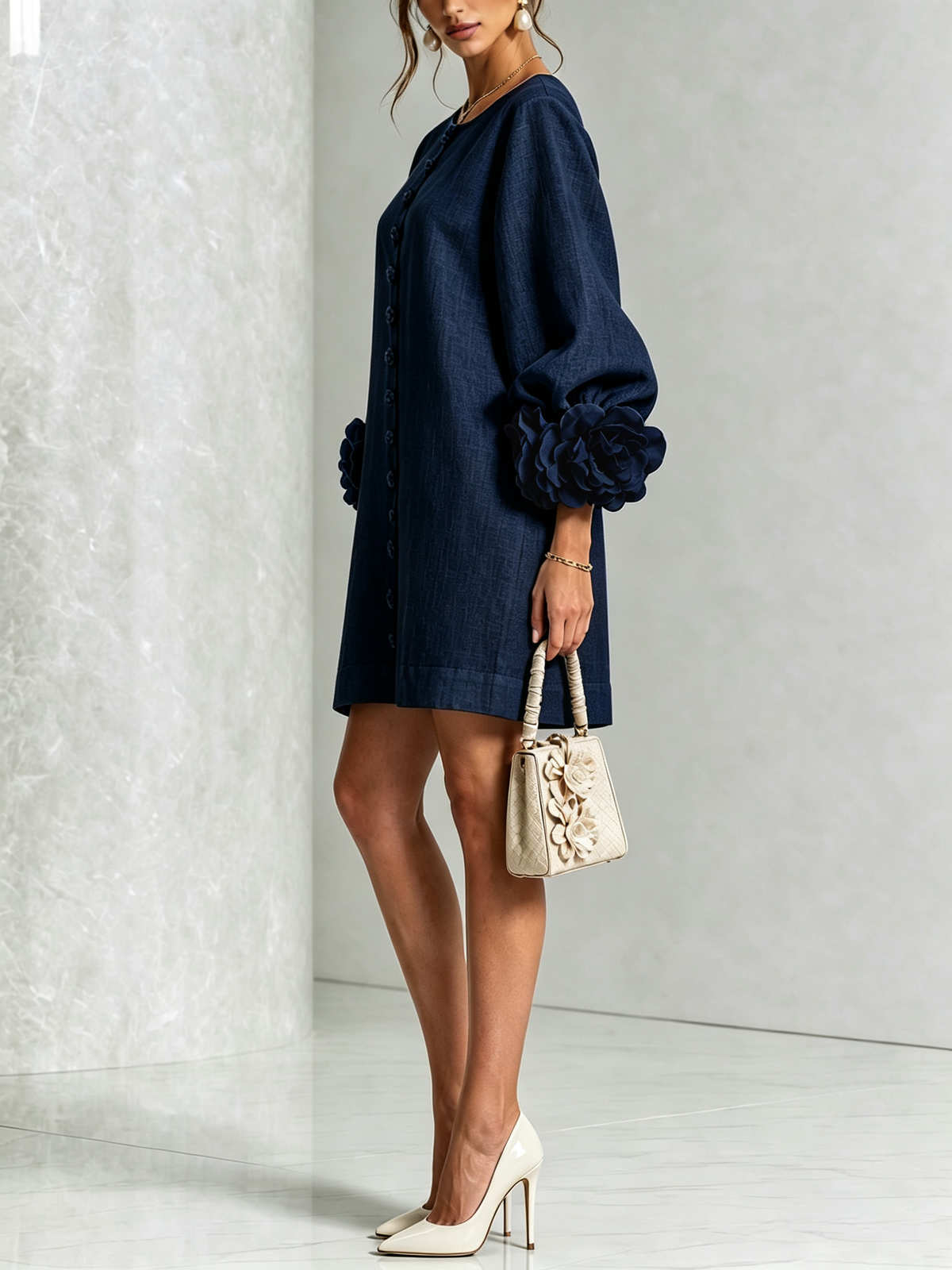 Élodie Vestido Floral Abotonado - Azul marino