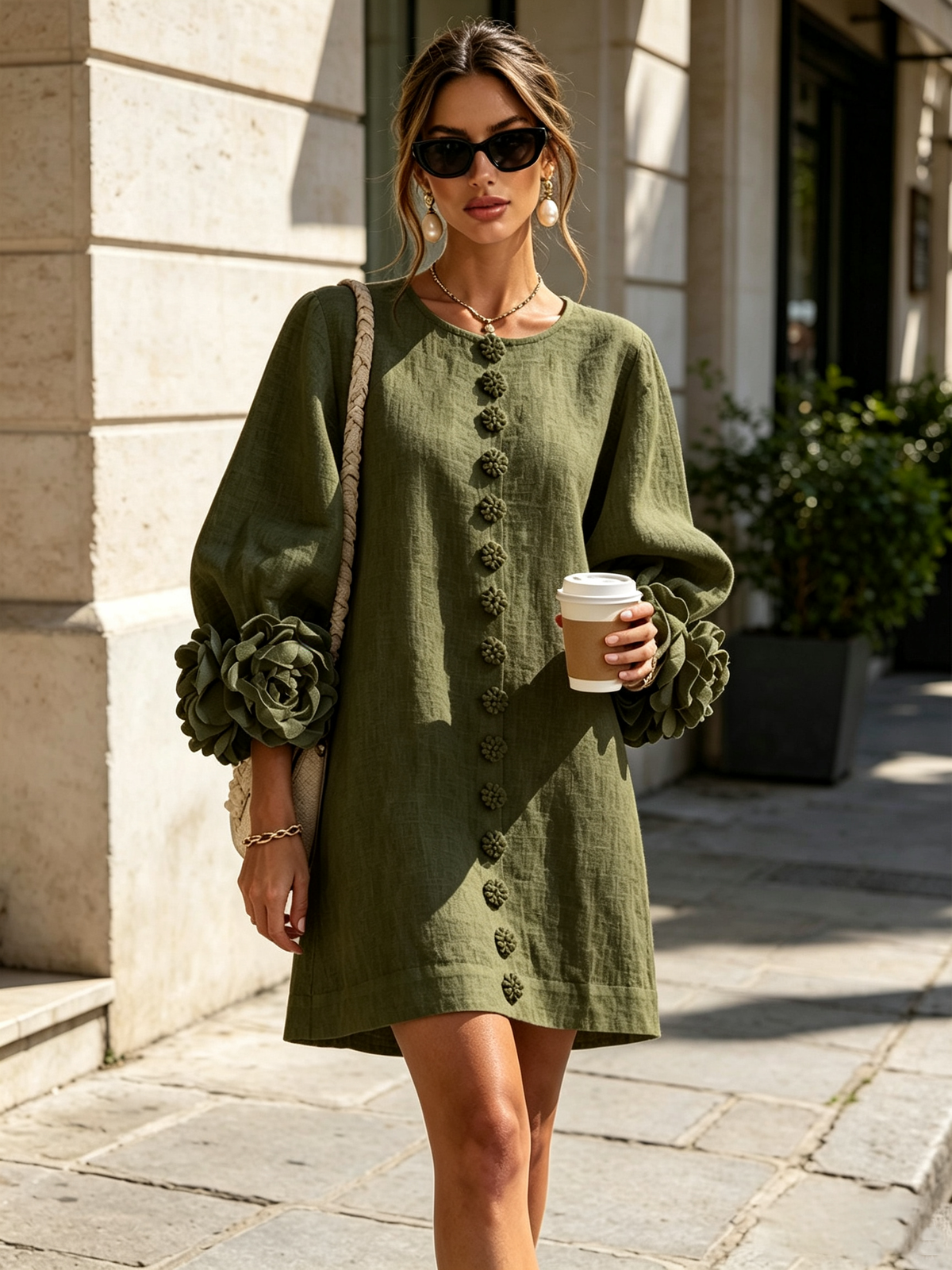 Élodie Vestido Floral Abotonado - Verde oliva