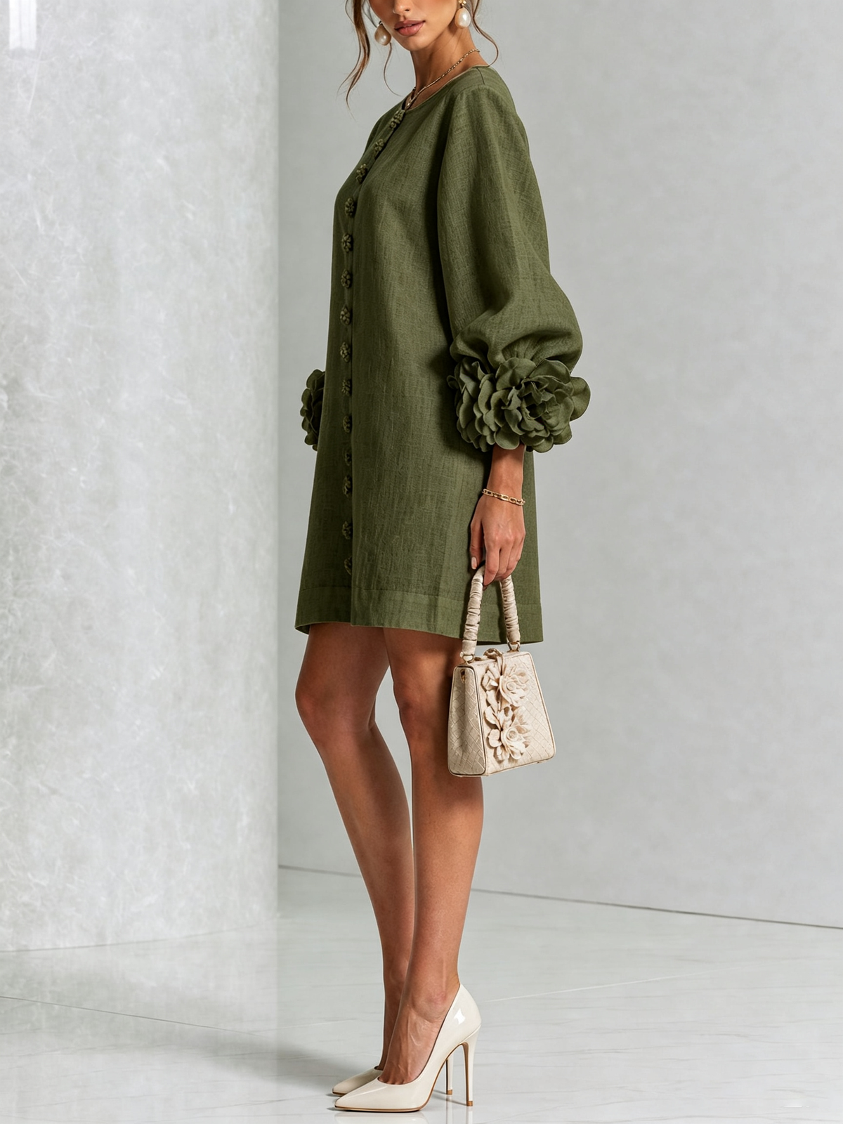 Élodie Vestido Floral Abotonado - Verde oliva