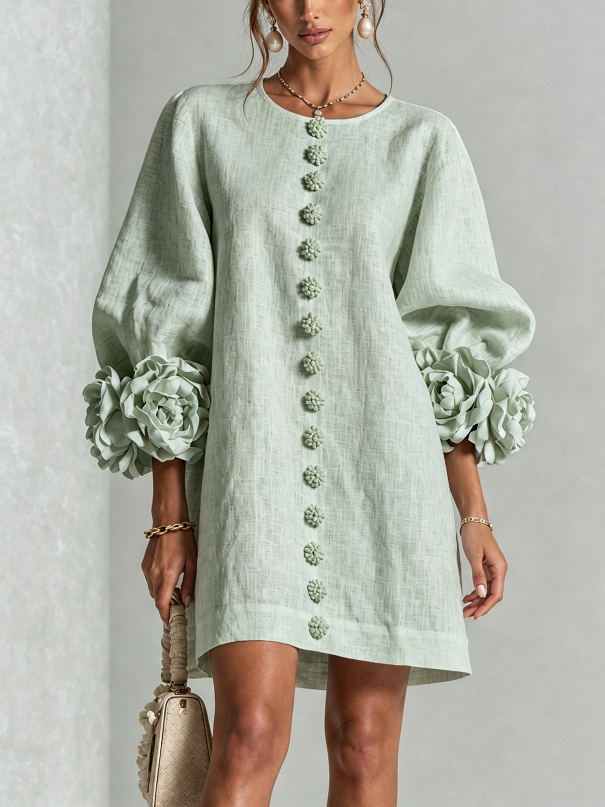 Élodie Vestido Floral Abotonado - Verde salvia