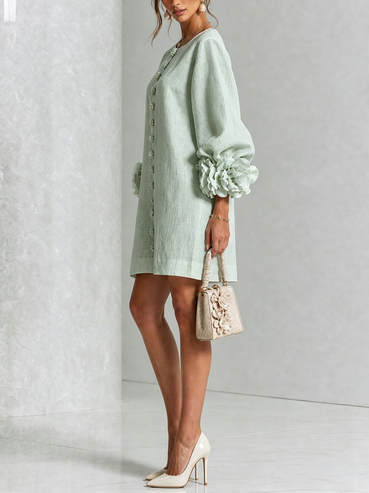 Élodie Vestido Floral Abotonado - Verde salvia