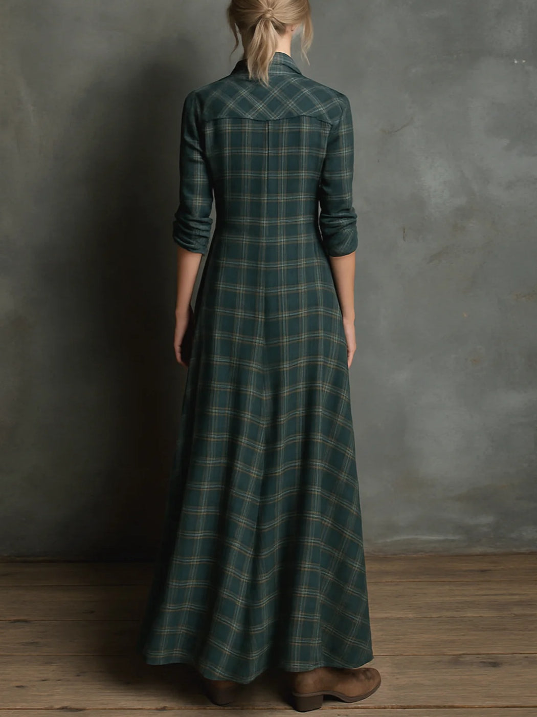 Candela | Vestido camisero largo de cuadros con cuello