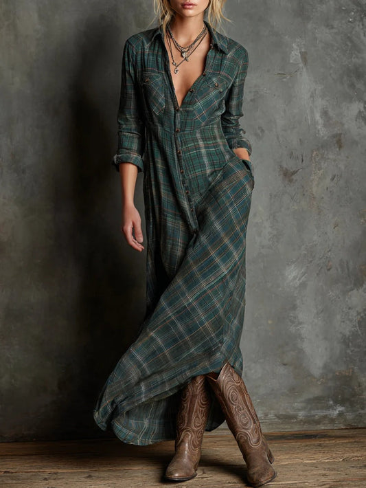 Candela | Vestido camisero largo de cuadros con cuello
