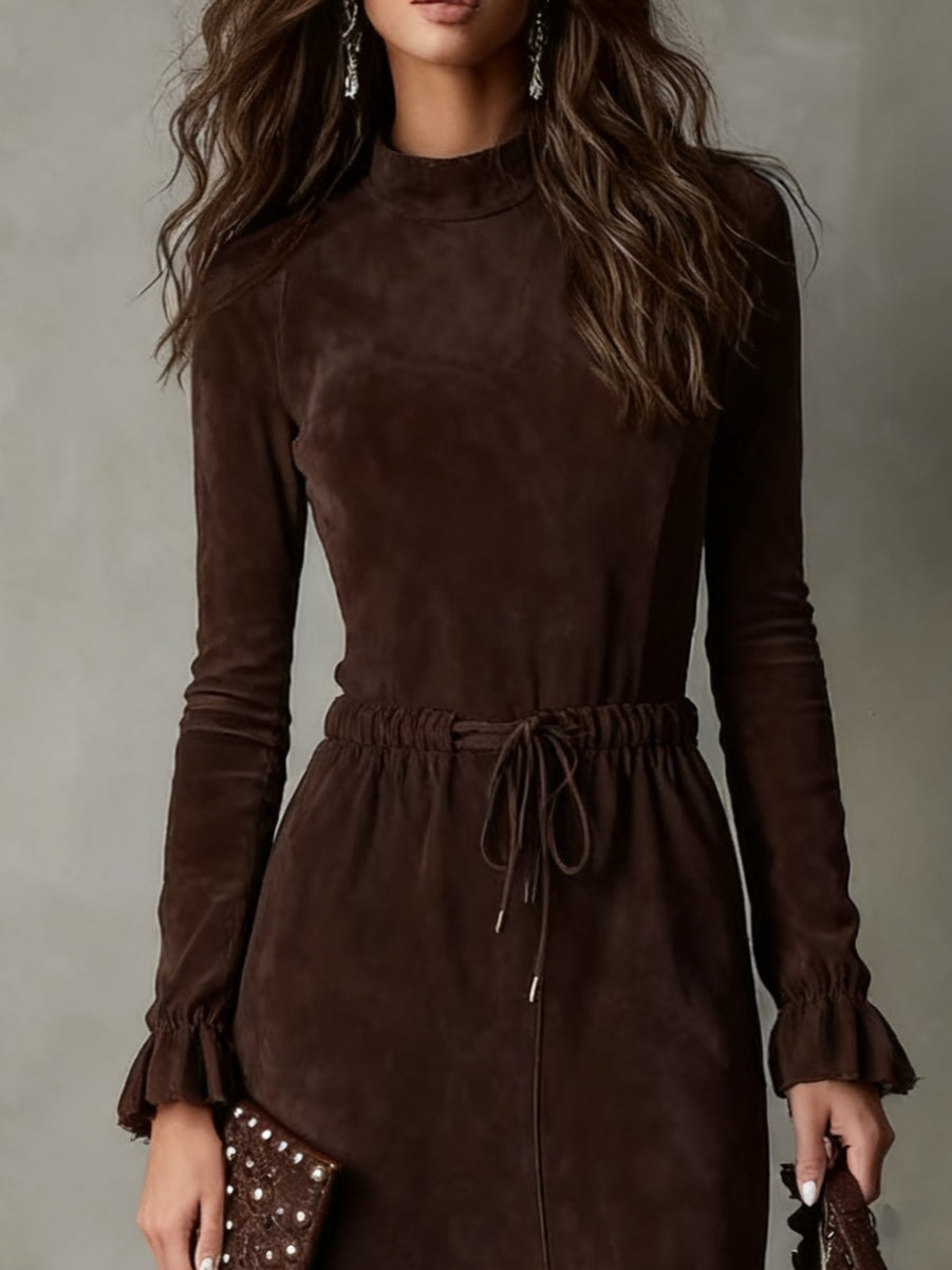Nerea | Vestido midi de ante marrón oscuro con cordón en la cintura