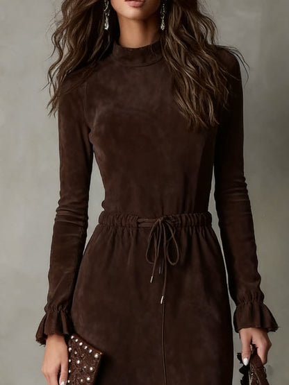 Nerea | Vestido midi de ante marrón oscuro con cordón en la cintura
