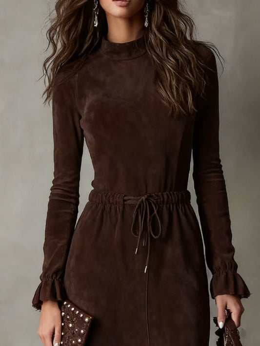 Nerea | Vestido midi de ante marrón oscuro con cordón en la cintura