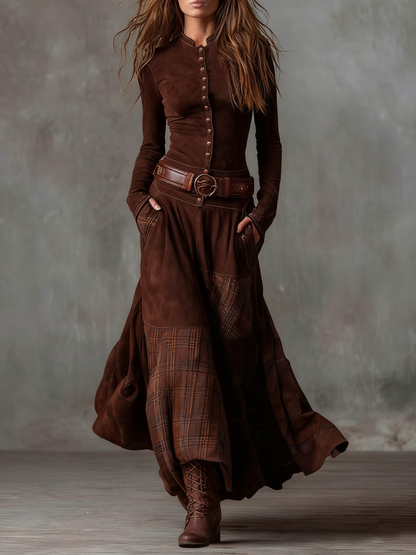 Teresa | Vestido maxi de ante con patchwork de cuadros y cinturón