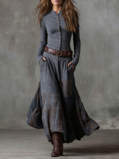 Teresa | Vestido maxi de ante con patchwork de cuadros y cinturón