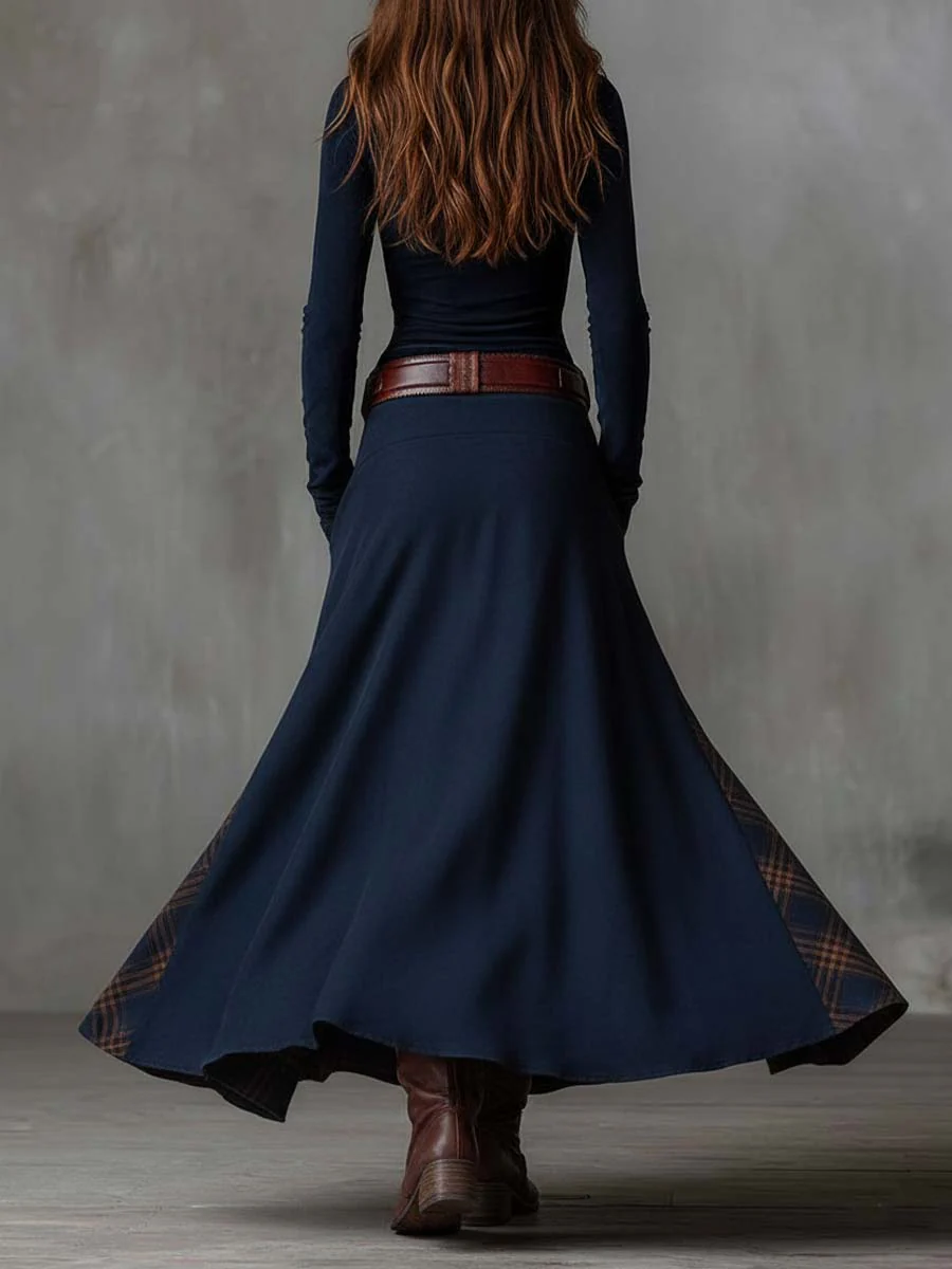 Teresa | Vestido maxi de ante con patchwork de cuadros y cinturón